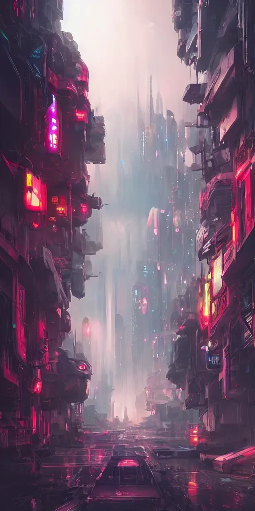 Image similar to Scene concept design of a future science fiction city, fantasy matte painting， rich colors, high details，light effect，Cyberpunk style，by Jordan Grimmer and Jonas De Ro，trending on cgsociety and artstation，8kHDR，