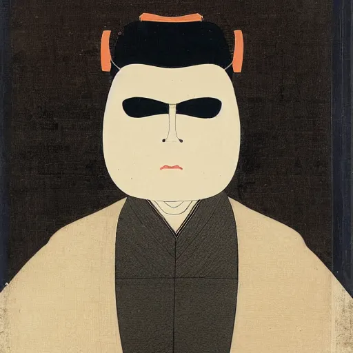 Image similar to portrait of young man wearing black medical mask, style of katsushika oi