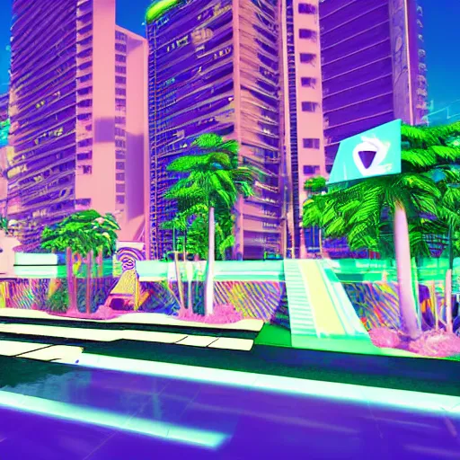 Image similar to vaporwave jungle city 3 d render