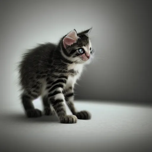 Image similar to full body pose, hyperrealistic photograph of a depressed kitten, dim volumetric lighting, 8 k, octane beautifully detailed render, extremely hyper detailed, intricate, epic composition, cinematic lighting, masterpiece, trending on artstation, very very detailed, stunning, hdr, smooth, sharp focus, high resolution, award, winning photo, dslr, 5 0 mm