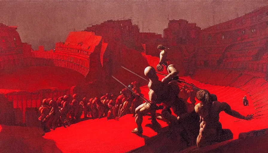 Image similar to only with red, a lightly armored gladiator in a crowded roman amphitheatre, crowd cheering, in the style of beksinski and edward hopper and rodcenko and yue minjun and cory loftis, intricate and epic composition, red by caravaggio, highly detailed, masterpiece, red light, artstation, art nouveau