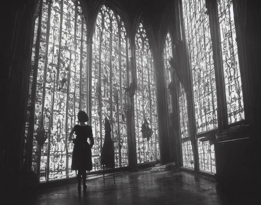 Image similar to a highly detailed unreal engine symmetric portrait of a gothic girl in a richly decorated church with a wet floor and light coming in through the stained windows, boke, tilted frame, henry cartier bresson