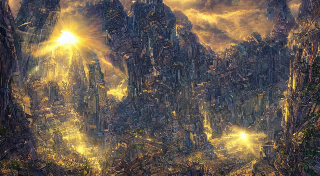 Prompt: fortress accadamy of tower cristal a spectacular view cinematic rays of sunlight comic book illustration, by john kirby