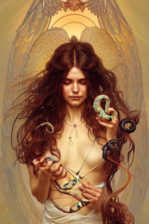Image similar to angels that look like hippies dancing with snakes, fantasy, amber eyes, face, long hair, intricate, elegant, highly detailed, digital painting, artstation, concept art, smooth, sharp focus, illustration, art by artgerm and greg rutkowski and alphonse mucha