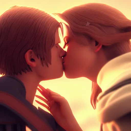 Image similar to Annie Leonhart kissing Anakin Skywalker, detailed face, love, bokeh effect, lesbian kiss, octane render, 8k wallpaper, love aesthetic