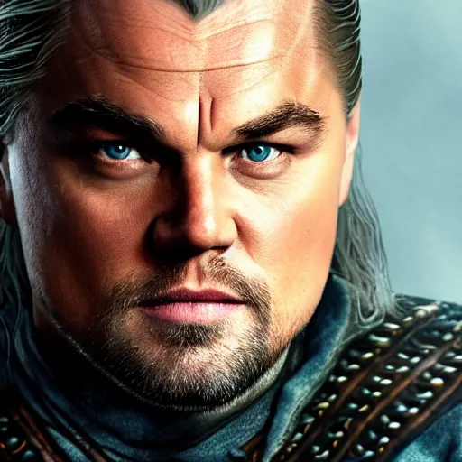 Prompt: Leonardo Dicaprio dreesed as Geralt of Rivia in Witcher, promo shoot, studio lighting