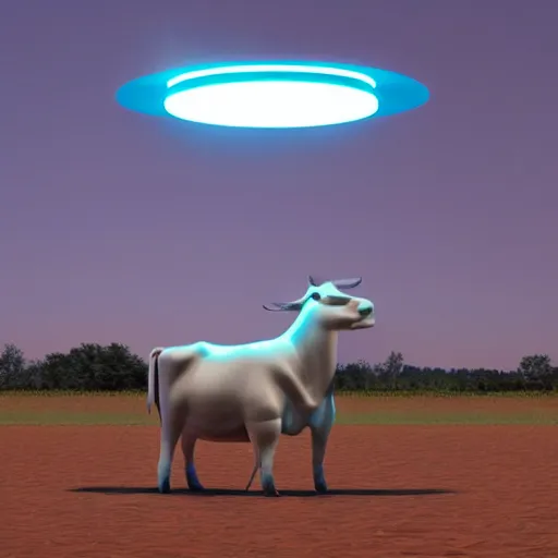 Image similar to A Large UFO Abducting a Cow, 3D Render, Blue Mist, exquisite details