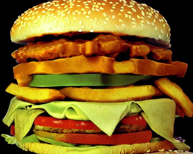 Image similar to 1970's cookbook color photograph of a big Mac with fries sharp detail high detail