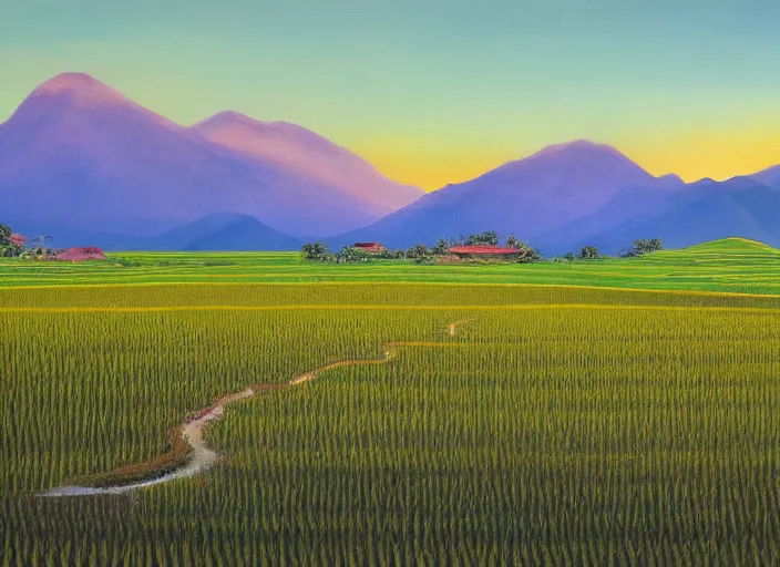 Prompt: painting of a rice paddy with two mountains in the background, a road, sun rising between the mountain