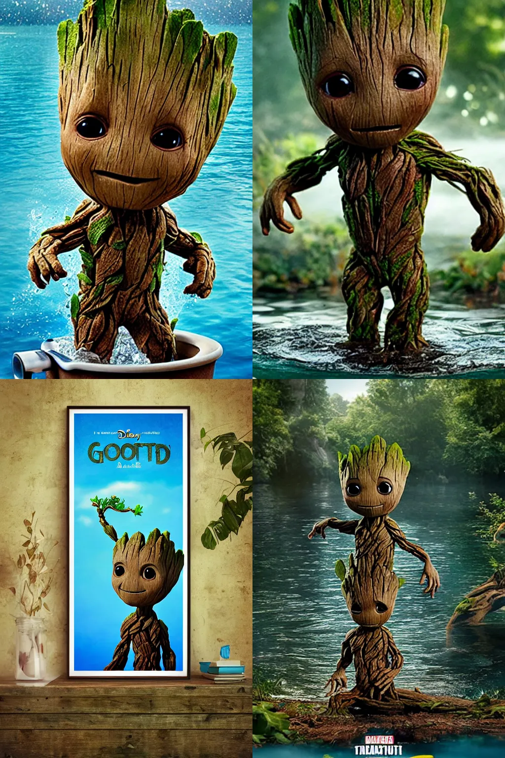 Prompt: little cute Groot takes a bath in the lake, against the backdrop of trees, poster, by disney plus