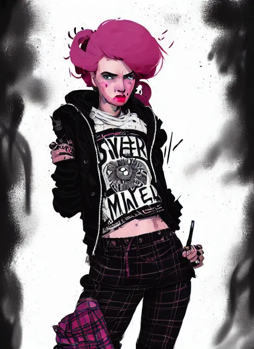 Image similar to highly detailed portrait of a sewer punk lady, tartan hoody, blonde ringlet hair by atey ghailan, by greg rutkowski, by greg tocchini, by james gilleard, by joe fenton, by kaethe butcher, gradient magenta, black, blonde cream and white color scheme, grunge aesthetic!!! ( ( graffiti tag wall background ) )