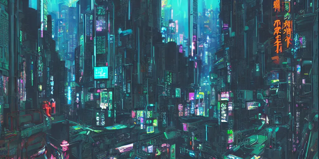 Prompt: beautiful japanese cyberpunk futuristic landscape painting, 3 d hyperrealistic render, cmyk, by tuomas korpi, dan mumford, trending on artstation