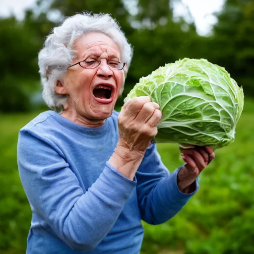 Image similar to elderly woman screaming at a cabbage, canon eos r 3, f / 1. 4, iso 2 0 0, 1 / 1 6 0 s, 8 k, raw, unedited, symmetrical balance, wide angle