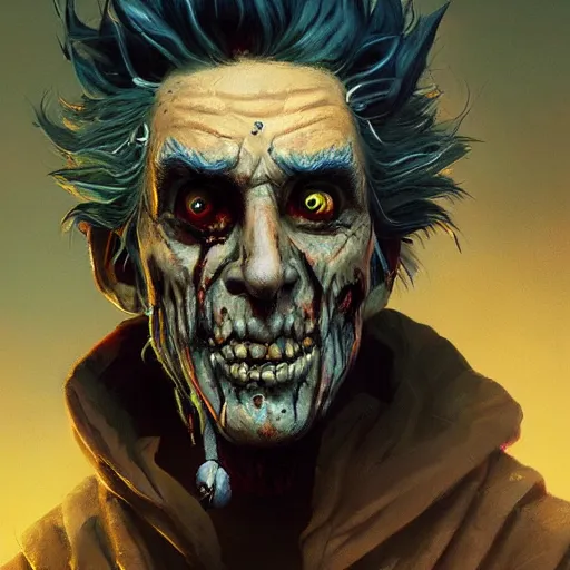 Prompt: Rick Sanchez as a zombie, trending on artstation, ultra detailed, 8k, character illustration by Greg Rutkowski, Thomas Kinkade.