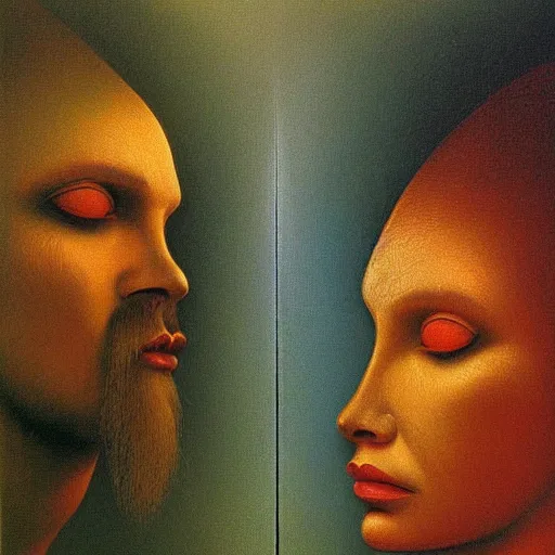 Image similar to masterpiece closeup portrait of Adam and Eve in the style of Zdzislaw Beksinski