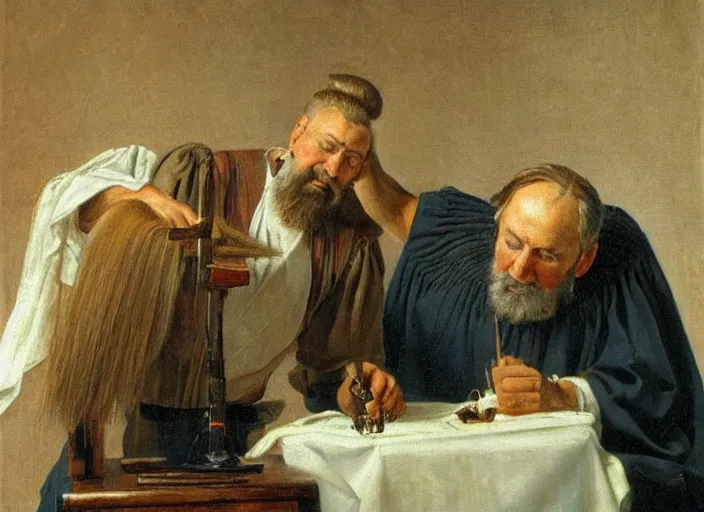 Image similar to judge wearing a wig is making a haircut to another judge with a wig, by ivan shishkin