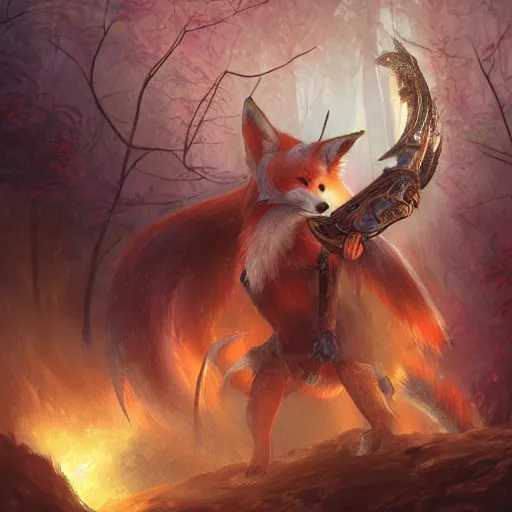 Image similar to Kitsune Fox playing big Harp in magical forest, magic the gathering artwork, D&D, fantasy, cinematic lighting, centered, symmetrical, highly detailed, digital painting, artstation, concept art, smooth, sharp focus, illustration, volumetric lighting, epic Composition, 8k, art by Akihiko Yoshida and Greg Rutkowski and Craig Mullins, heroic pose, oil painting, cgsociety