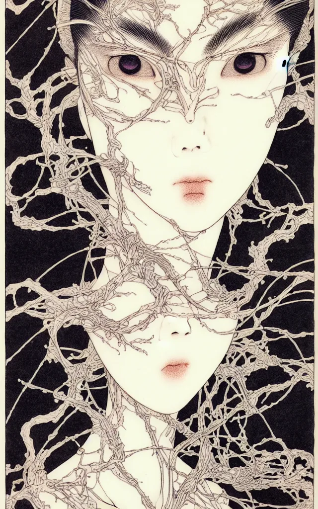 Prompt: prompt: Fragile looking face drawn by Takato Yamamoto, mystic eyes, ceramic looking face, cyber parts inspired by Evangeleon, clean ink detailed line drawing, intricate detail drawing, manga 1990, portrait