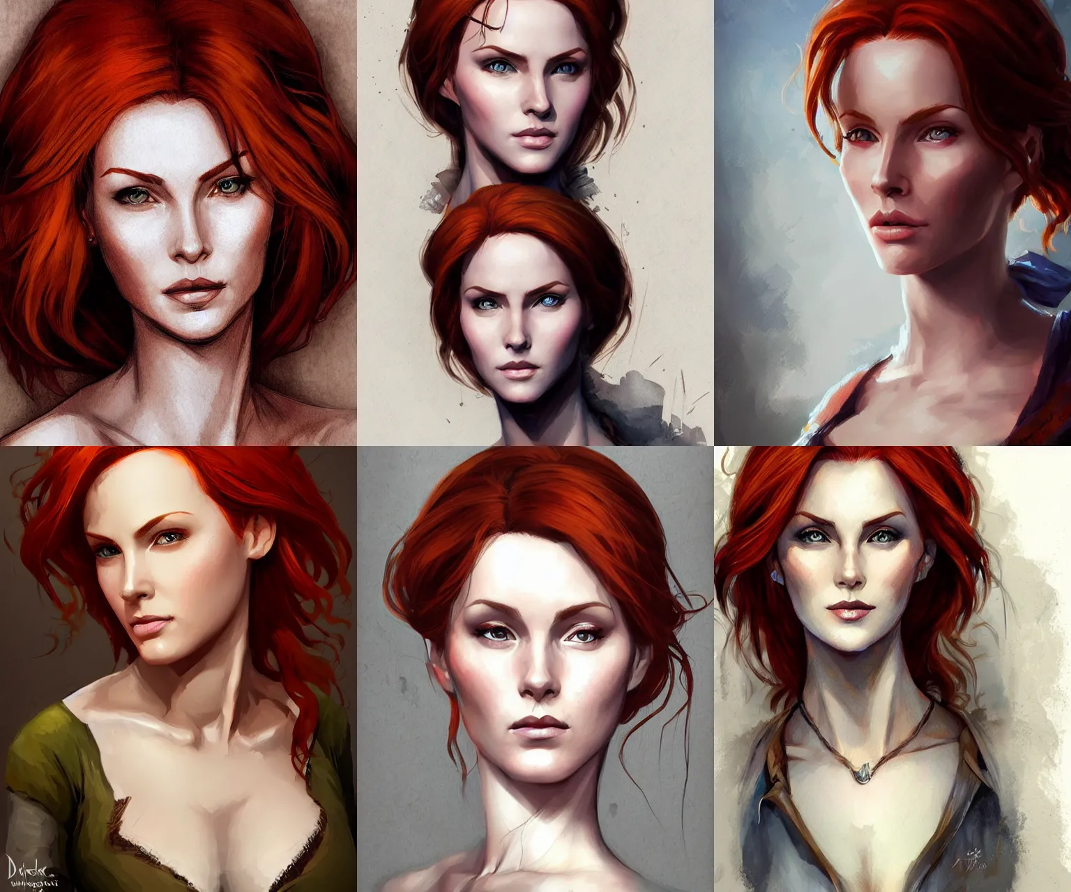 Prompt: portrait of triss merigold, mixed art styles, beautiful, elegant, artstation, deviantart, behance, concept art, smooth, focus, by david w. mack