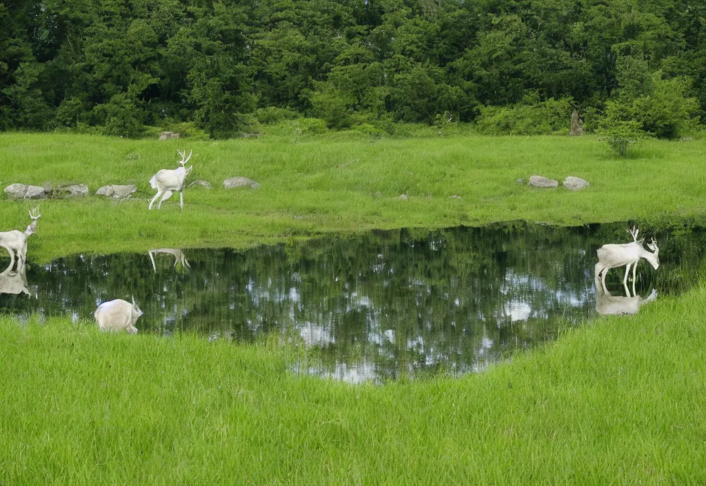 Image similar to white stag drinking from reflecting pool in a peaceful lush meadow