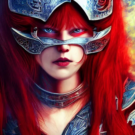 Image similar to a gorgeously defined character with long red hair and immensly glowing eyes, wearing armor with blue baggy pants, surrealism art, portrait!!, intricately detailed, 4 k quality