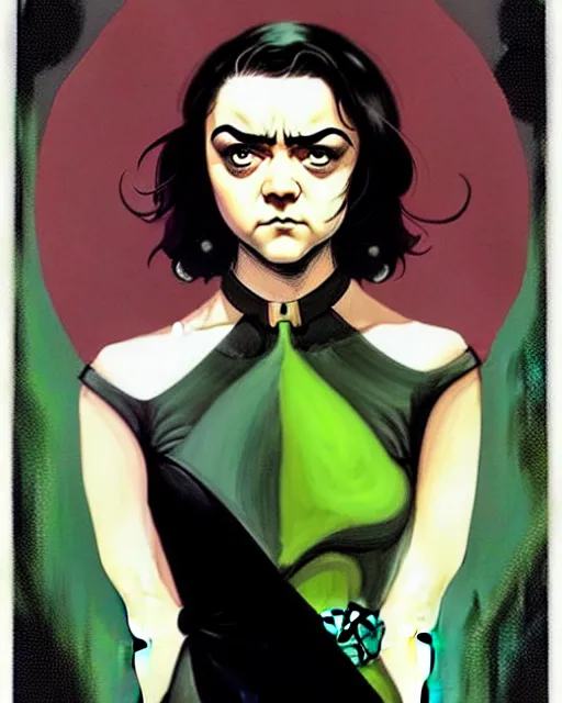 Prompt: rafael albuquerque comic art, peter mohrbacher, phil noto, artgerm, pretty evil maisie williams witch, black and green dress, symmetrical eyes