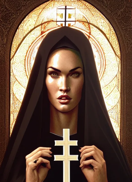 Image similar to portrait of megan fox as a sultry nun, bible, catholic, religion, cross, prayer, church, intricate, headshot, highly detailed, digital painting, artstation, concept art, sharp focus, cinematic lighting, illustration, art by artgerm and greg rutkowski, alphonse mucha, cgsociety