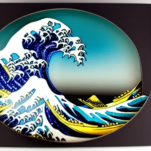 Image similar to carved diorama of the great wave off kanagawa made of marble with jade and gold insets