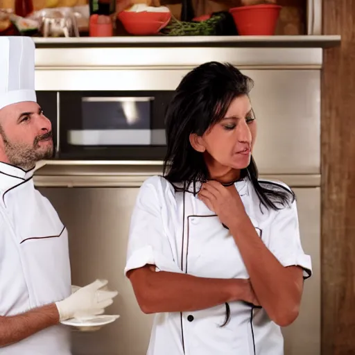 Prompt: short racist italian chef beating taller girlfriend