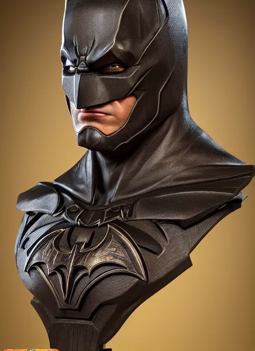 Image similar to high intricate bust of an batman carved from wood in baroque style, studio light, maria panfilova, andrea savchenko, mike kime, ludovic plouffe, qi sheng luo, oliver cook, trending on artstation
