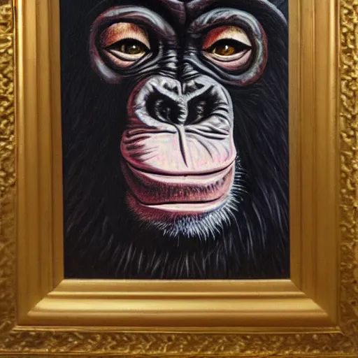 Image similar to portre of an autistic demonic chimpanzee on acid, masonic and kabalistic symbols in background, oil painting