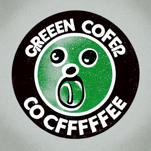 Image similar to green circular coffee shop logo, depicting ugly and dirty dog in center, horror movie dog