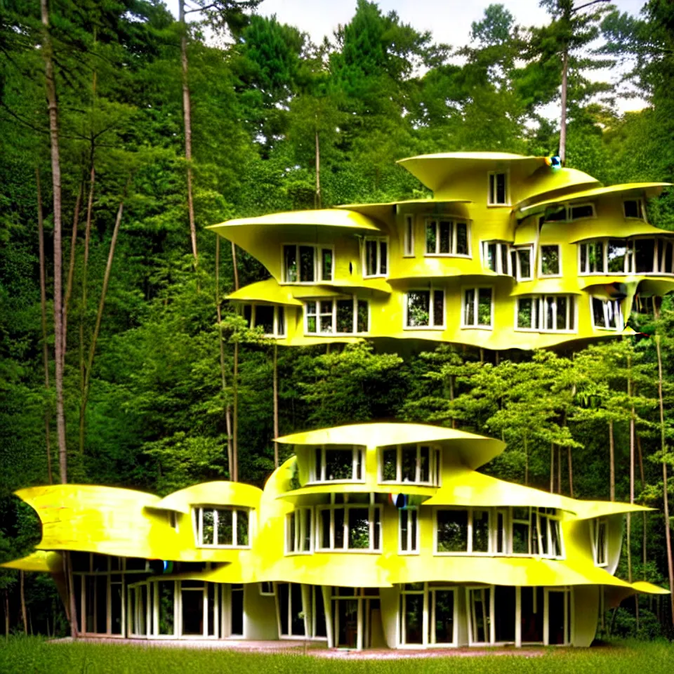 Image similar to a bungalow with big tiles in a forest, designed by Frank Gehry. Film grain, cinematic, yellow hue