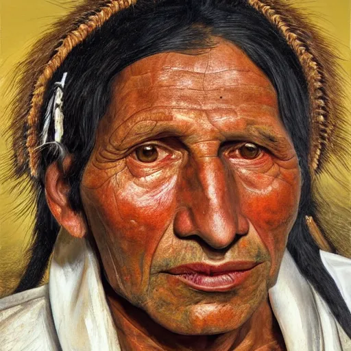 Image similar to high quality high detail painting by lucian freud, hd, portrait of a indigenous tribe leader, photorealistic lighting