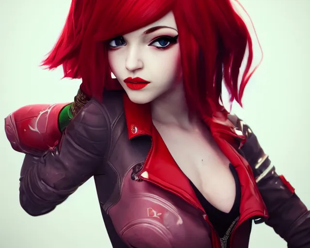 Image similar to a girl with short red hair, cool, vi from arcane, league of legends, fighter, cool red jacket, tattoo, beautiful, 3 d, potrait, art staion, studio light, closeup shot, octane render, wlop