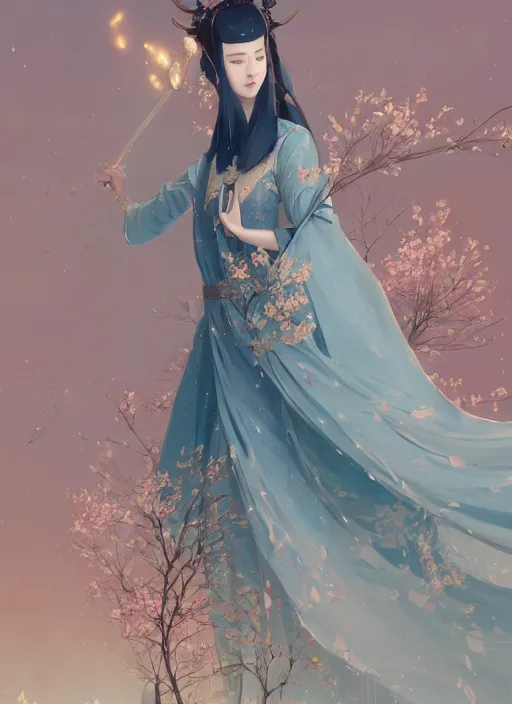 Image similar to detailed queen wearing hanfu, art by greg rutkowski, loish, rhads, ferdinand knab, makoto shinkai and lois van baarle, ilya kuvshinov, rossdraws, tom bagshaw, global illumination, radiant light, detailed and intricate environment