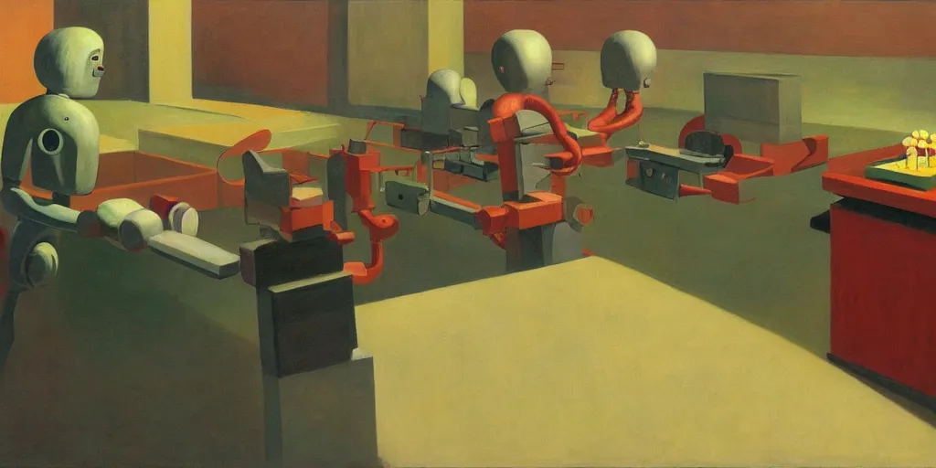 Prompt: robot with a beak dispensing icing onto cupcakes on a conveyor belt, grant wood, pj crook, edward hopper, oil on canvas