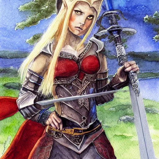 Image similar to a female elf holding a sword, a watercolor painting by tony diterlizzi, fantasy art, concept art