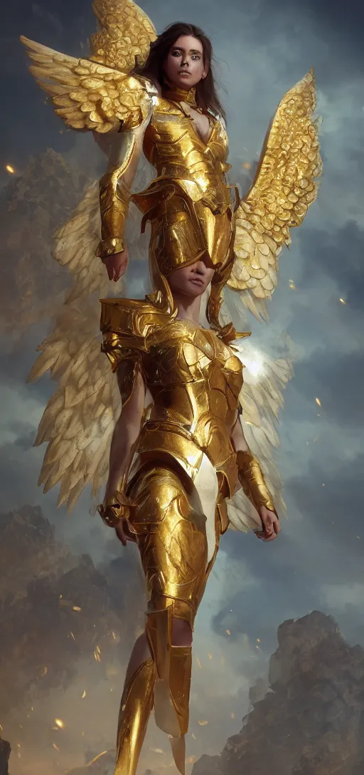 Image similar to beautiful female angel with golden armor and golden white wings, fantasy style, octane render, volumetric lighting, 8k high definition, by greg rutkowski, highly detailed, trending on artstation, magic the gathering artwork, , centered