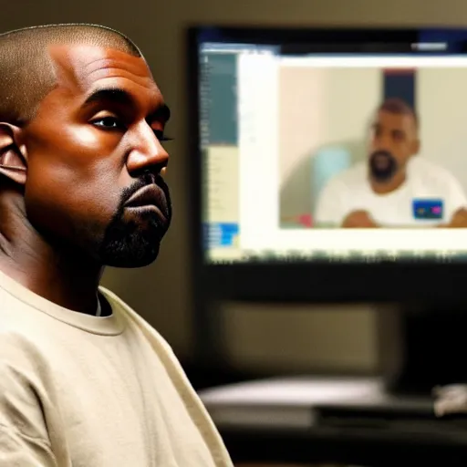 Prompt: kanye west looking at his computer screen in disbelief