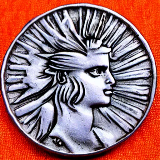 Image similar to twilight sparkle on a roman denarius coin. short muzzle, big eyes, mane