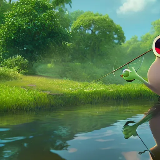 Image similar to a wholesome animation key shot of pepe the frog fishing in a pond, medium shot, studio ghibli, pixar and disney animation, sharp, rendered in unreal engine 5, anime key art by greg rutkowski, bloom, dramatic lighting