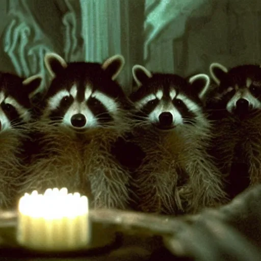 Prompt: 1 9 8 0's award winning sci - fi movie, a group of raccoons wearing dark cult robes look towards the camera in surprise and anger as they perform a dark occult evil ceremony inside the secret lair of an underground mystery cult, dramatic candlelight, pentagrams, ultra - detailed, photorealistic, 4 k