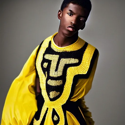 Prompt: . stunning editorial fashion photography of black teenage men in yellow ballgowns, creative studio photography by patrick demarchelier