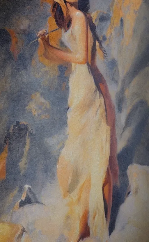 Prompt: romantic cave painting of in an elegant dress, by gregory manchess, james gurney, james jean, realistic, photo, 8 k