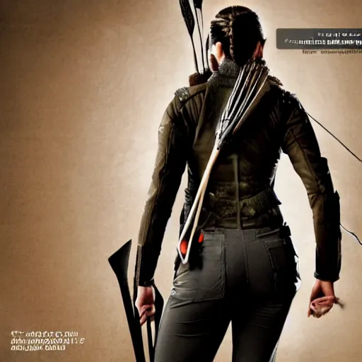 Prompt: Katniss action pose, view from behind looking over shoulder, quiver on back, firing an arrow, comic book cover style