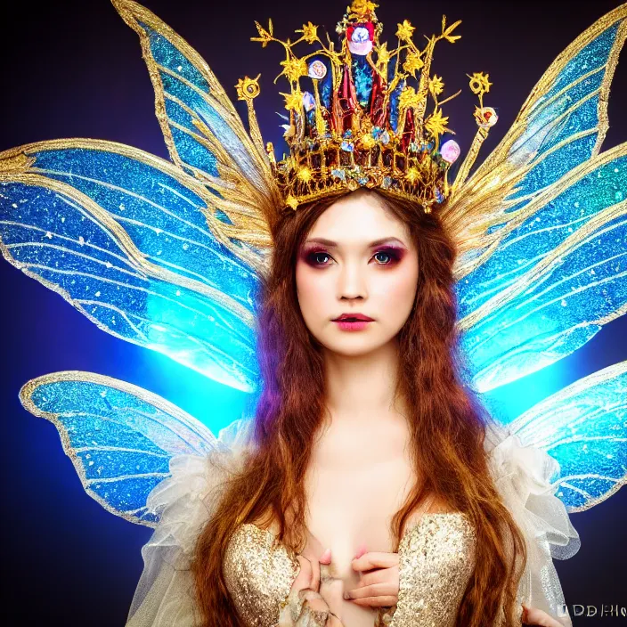 Image similar to photo of a very beautiful!! fairy queen with ornate sparkling robes, highly detailed, 4 k, hdr, smooth, sharp focus, high resolution, award - winning photo