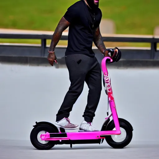 Prompt: paparazzi photo of Lebron James on a pink scooter in a skatepark, ultra high definition, professional photography, dynamic shot, smiling
