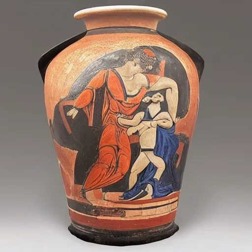 Prompt: classical greek pottery depicting a heroic greek man hugging a cat