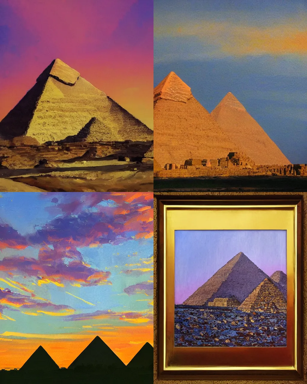 Image similar to great pyramids at giza, sunset, golden hour, acrylic, modernism,